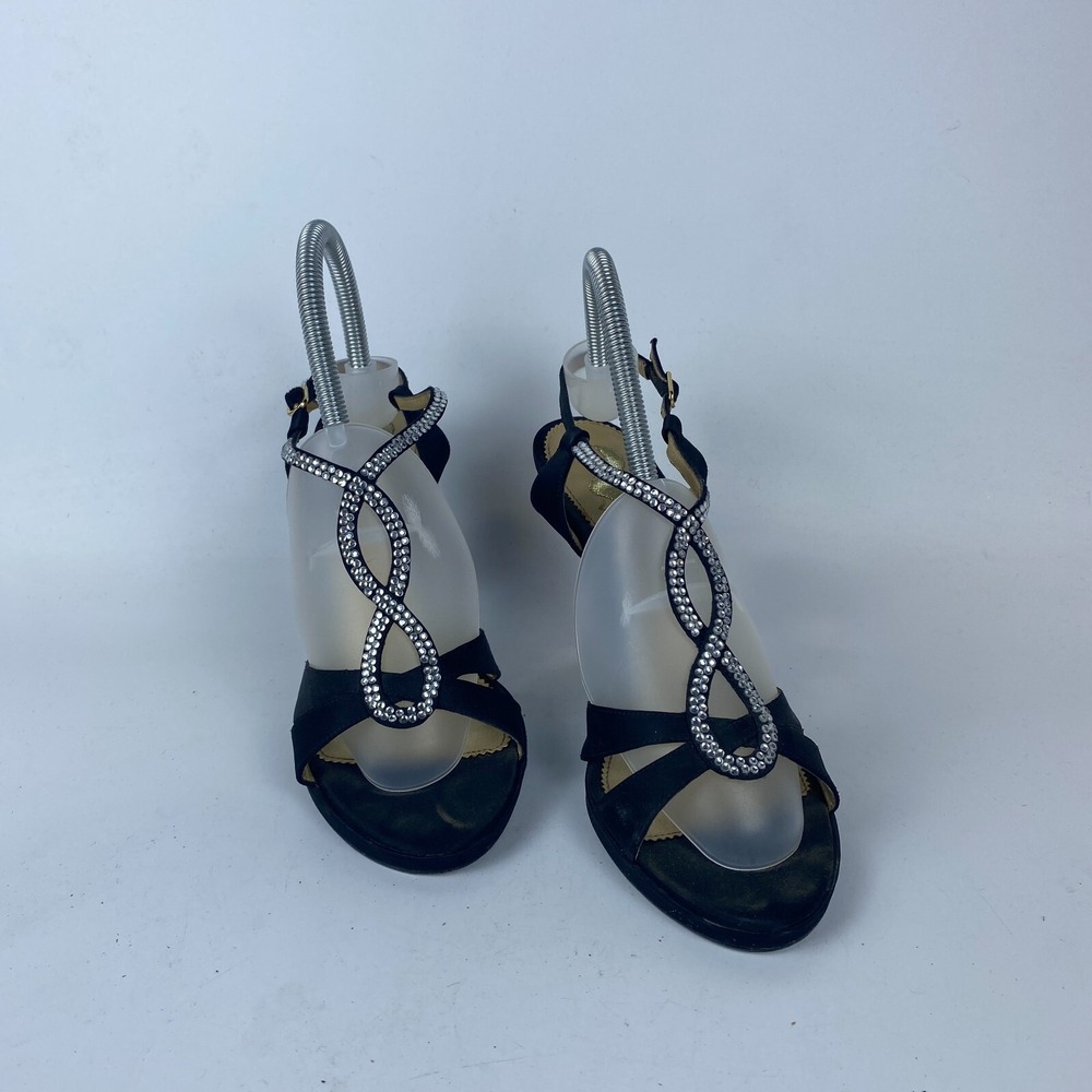 Nina Graysen High Healed Womens 8.5M Black Lather Open‎ Toe Rhinestone Strap